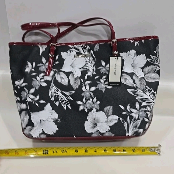 Nine West Black,White And Burgundy Floral Tote Bag - Picture 3 of 5